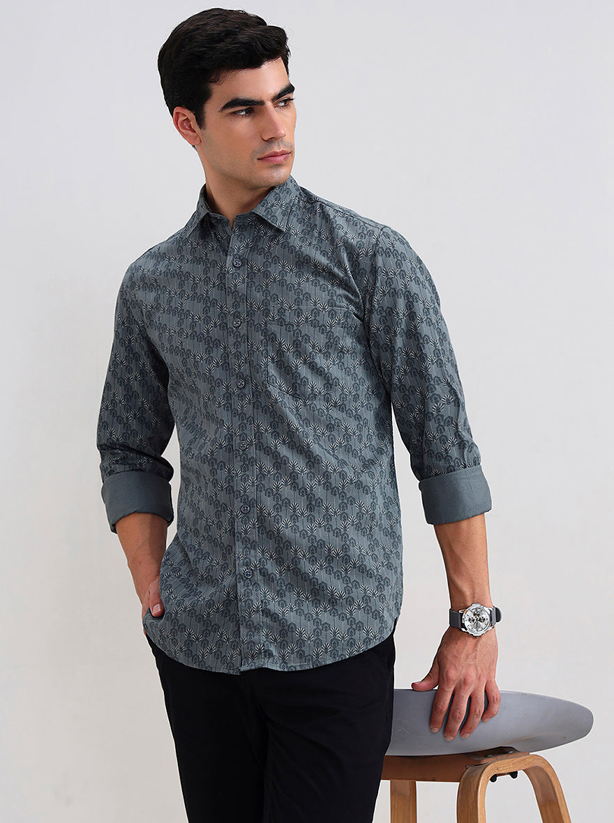 Mint Grey Printed Tailored Fit Semi Casual Shirt | JadeBlue