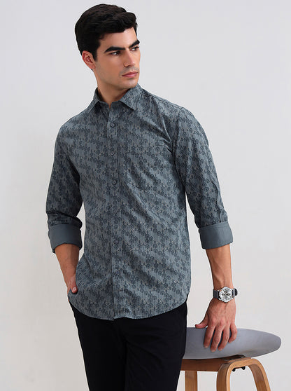Mint Grey Printed Tailored Fit Semi Casual Shirt | JadeBlue