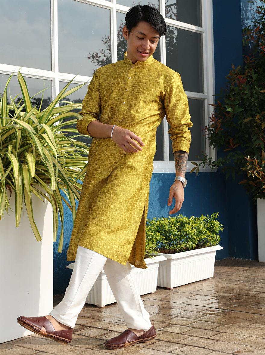 Yellow Printed Cotton Silk Blend Kurta | The Kurta Company