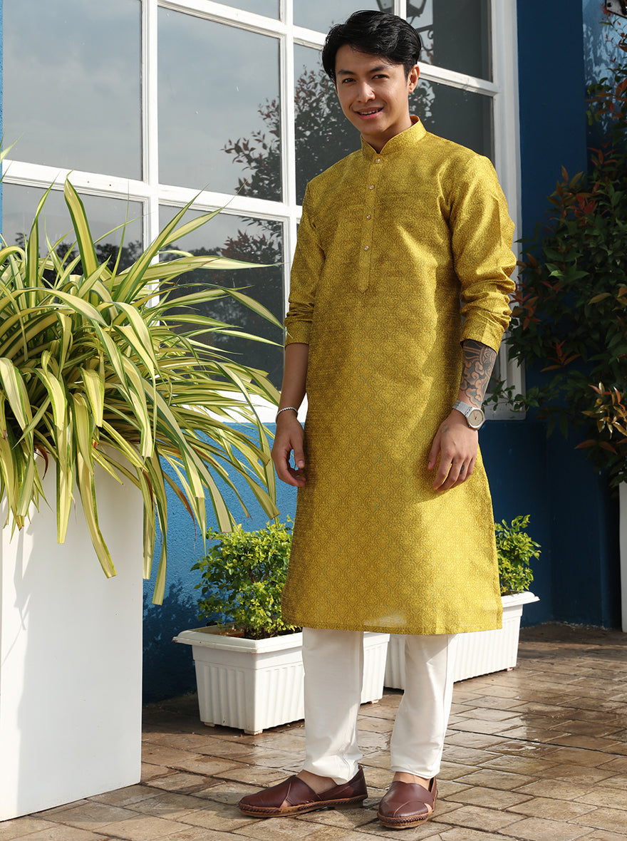 Yellow Printed Cotton Silk Blend Kurta | The Kurta Company