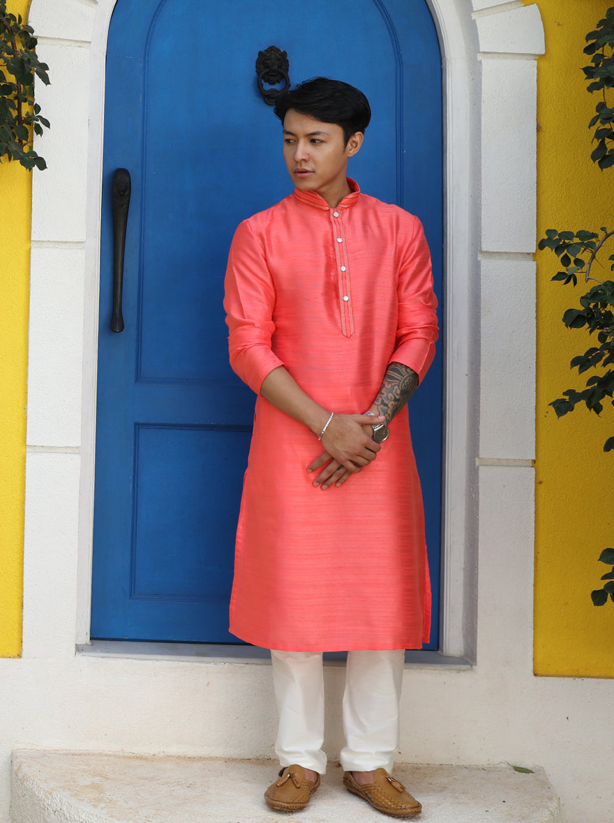 Vibrant Coral Peach Solid Kurta | The Kurta Company