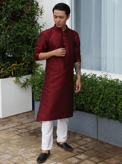 Red Printed Cotton Silk Blend Kurta | The Kurta Company