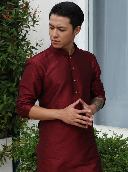 Red Printed Cotton Silk Blend Kurta | The Kurta Company
