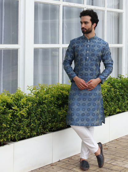 French Blue Printed Cotton Silk Blend Kurta | The Kurta Company