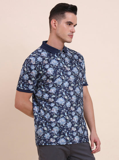 Navy Blue Printed Slim Fit Polo T-Shirt | Greenfibre