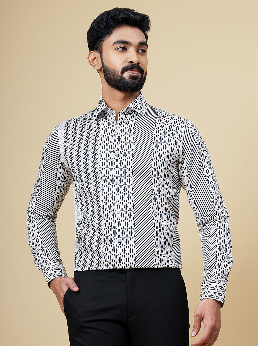 White & Black Printed Slim Fit Party Wear Shirt | JB Studio