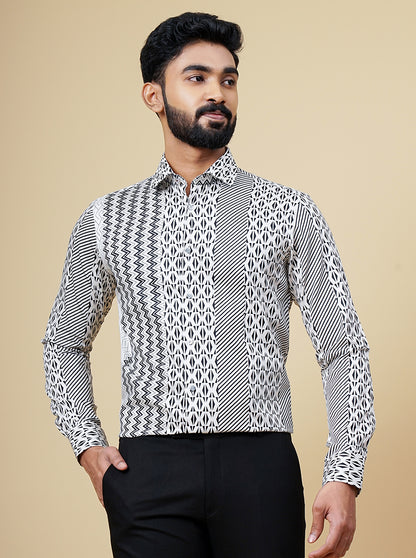 White & Black Printed Slim Fit Party Wear Shirt | JB Studio