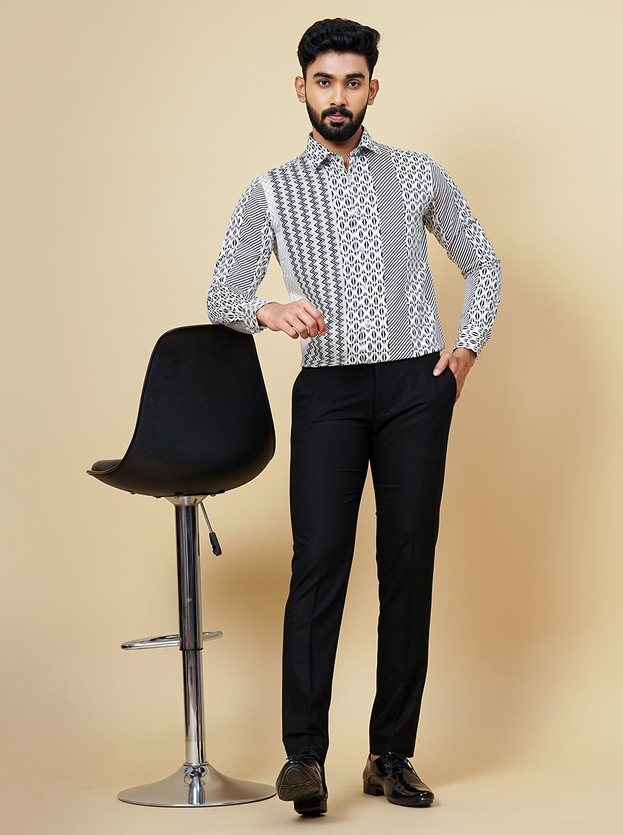 White & Black Printed Slim Fit Party Wear Shirt | JB Studio