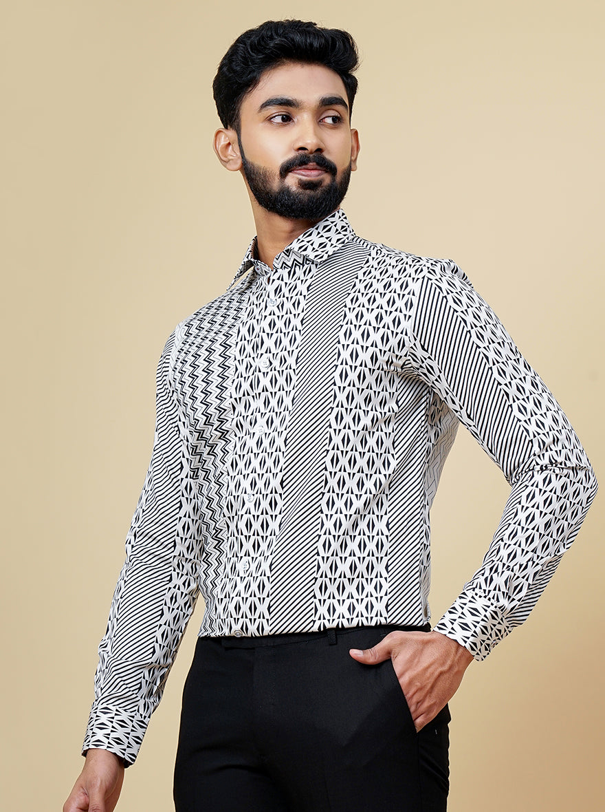 White & Black Printed Slim Fit Party Wear Shirt | JB Studio