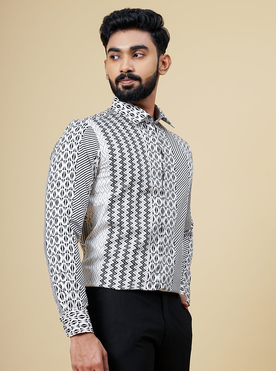 White & Black Printed Slim Fit Party Wear Shirt | JB Studio