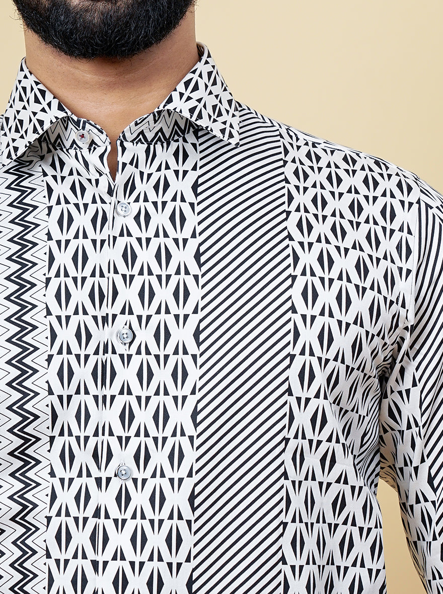 White & Black Printed Slim Fit Party Wear Shirt | JB Studio