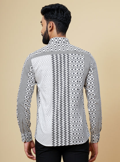 White & Black Printed Slim Fit Party Wear Shirt | JB Studio