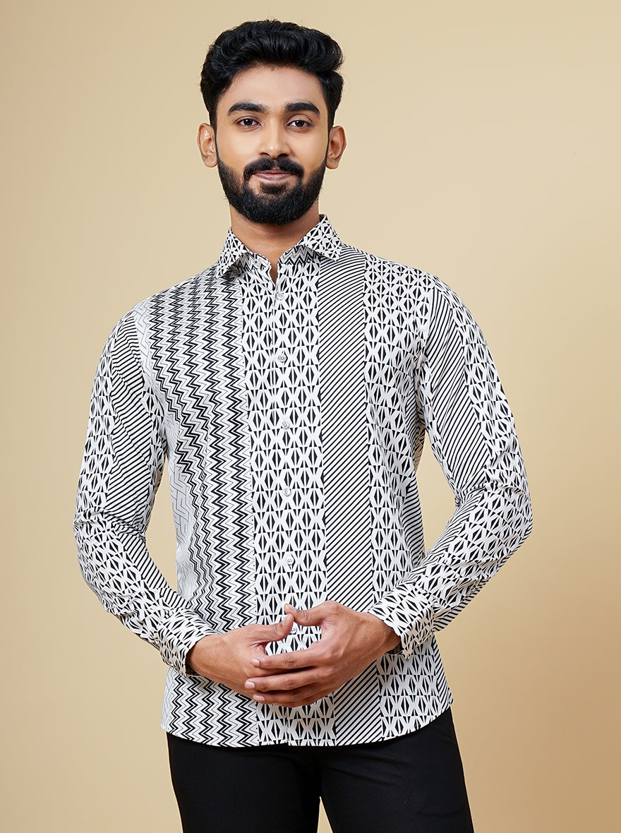 White & Black Printed Slim Fit Party Wear Shirt | JB Studio