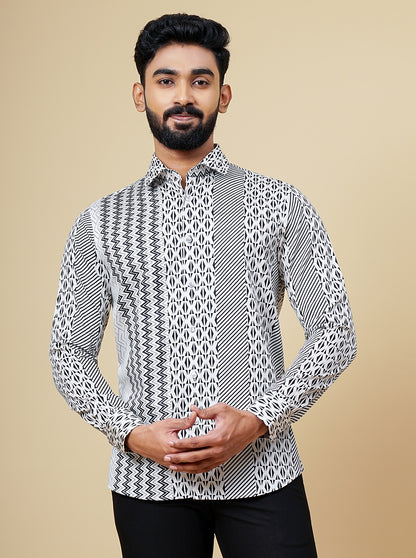 White & Black Printed Slim Fit Party Wear Shirt | JB Studio