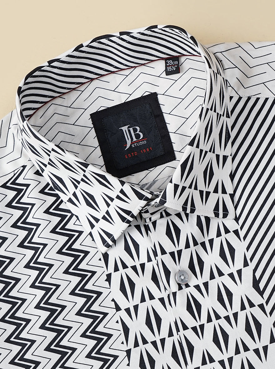 White & Black Printed Slim Fit Party Wear Shirt | JB Studio
