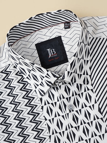 White & Black Printed Slim Fit Party Wear Shirt | JB Studio