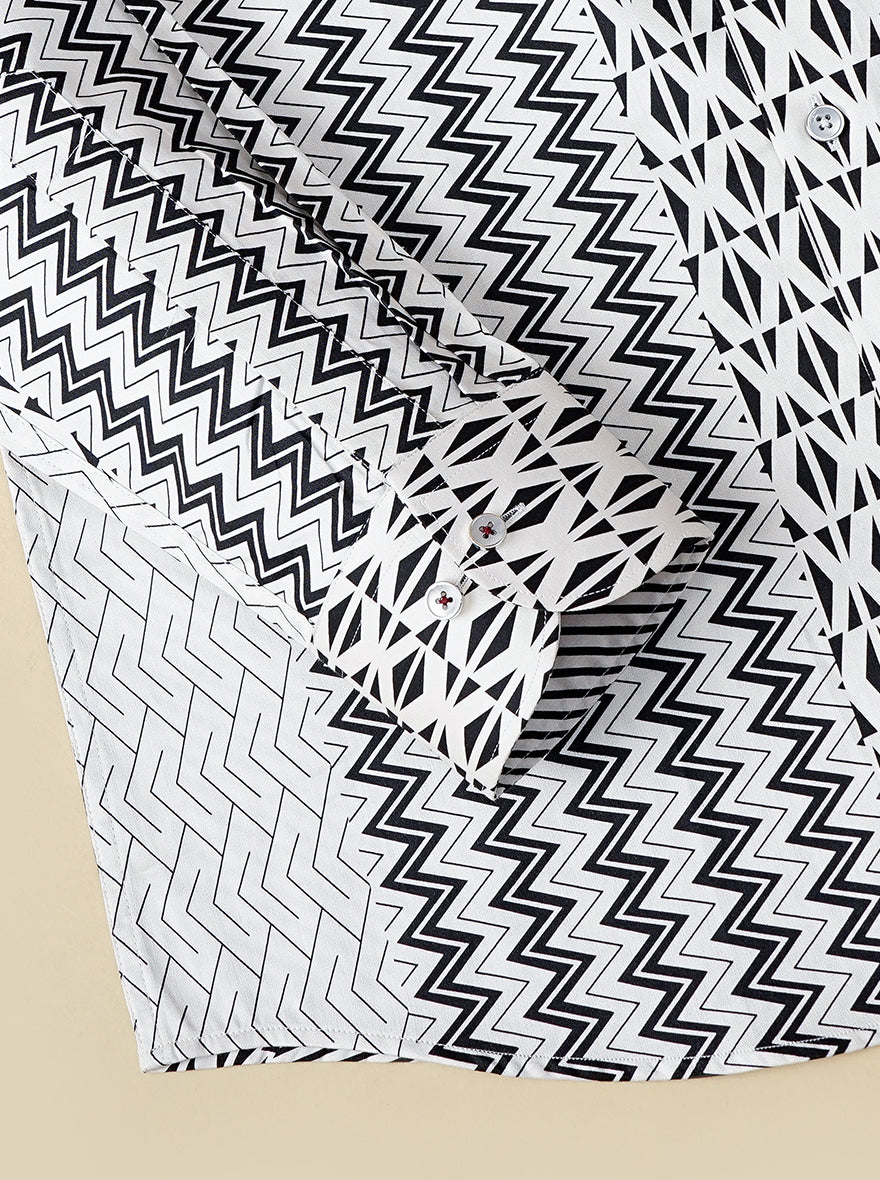 White & Black Printed Slim Fit Party Wear Shirt | JB Studio