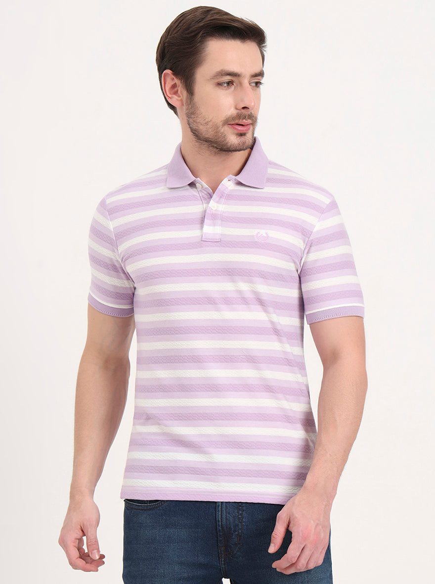 White & Lavender Striped Slim Fit Polo T-Shirt | Greenfibre