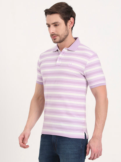 White & Lavender Striped Slim Fit Polo T-Shirt | Greenfibre