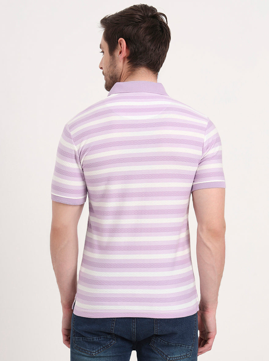 White & Lavender Striped Slim Fit Polo T-Shirt | Greenfibre