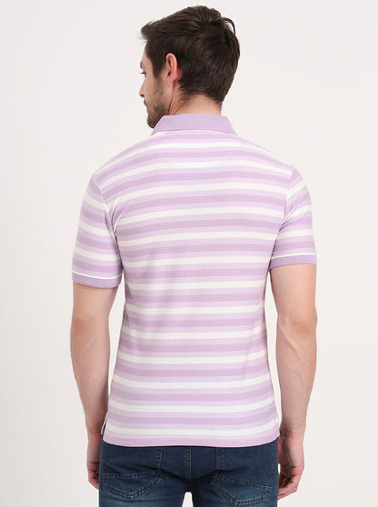 White & Lavender Striped Slim Fit Polo T-Shirt | Greenfibre