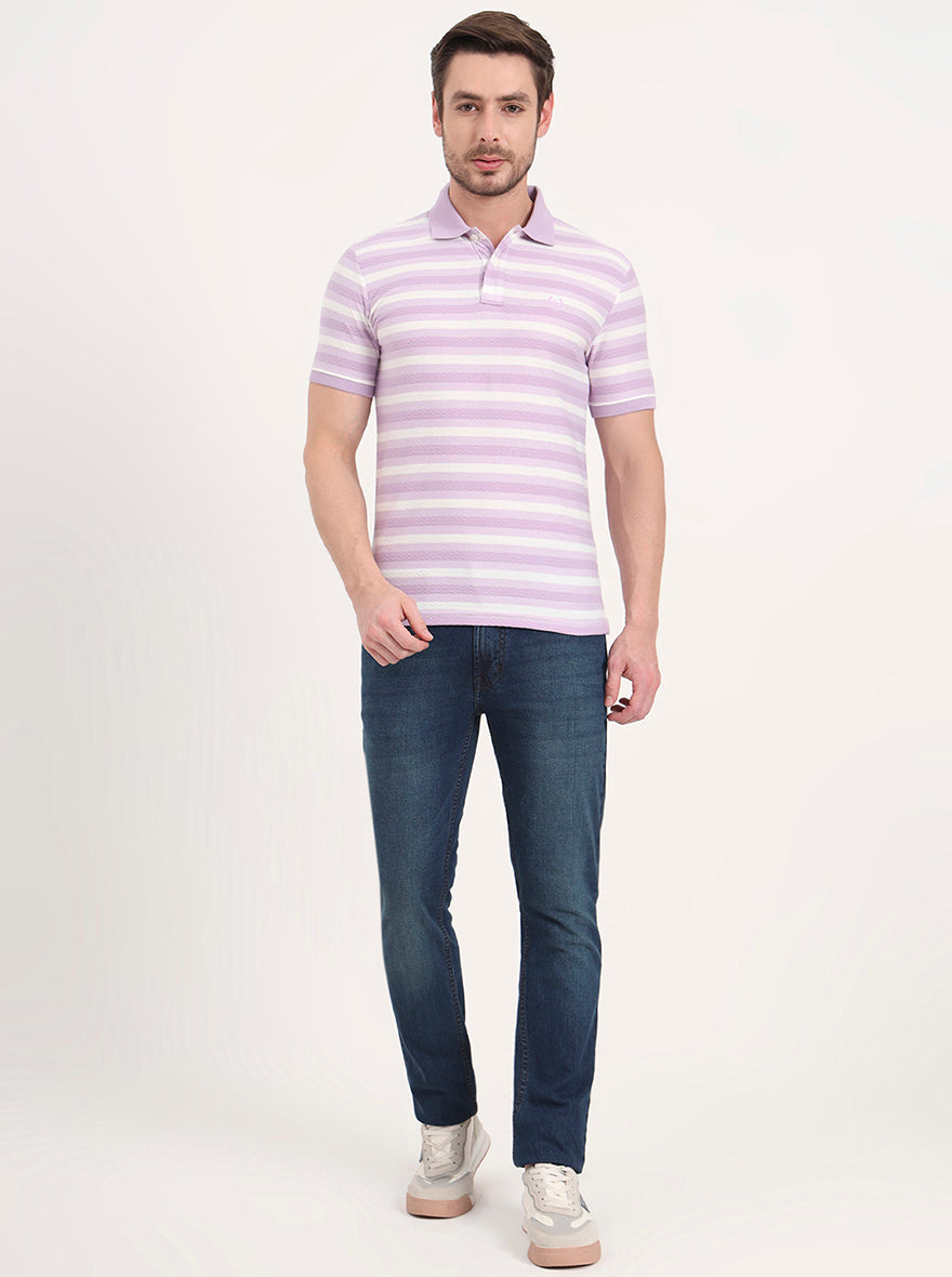 White & Lavender Striped Slim Fit Polo T-Shirt | Greenfibre