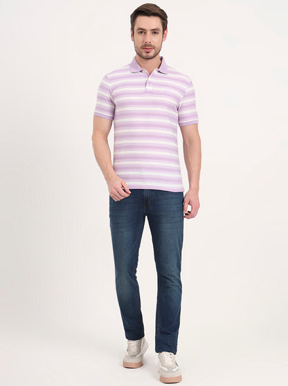 White & Lavender Striped Slim Fit Polo T-Shirt | Greenfibre