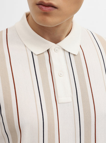 Khaki & White Striped Slim Fit Polo T-Shirt | Greenfibre
