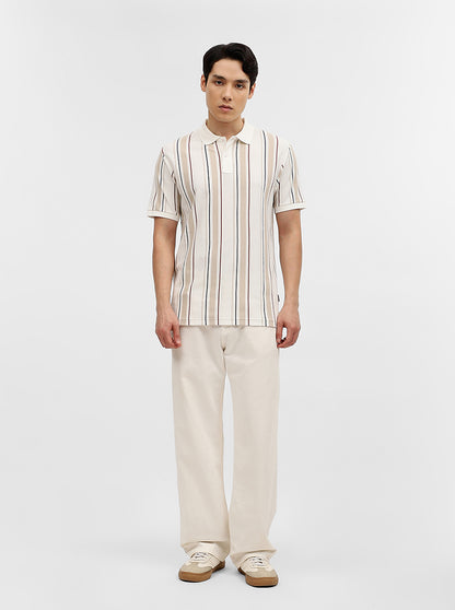 Khaki & White Striped Slim Fit Polo T-Shirt | Greenfibre