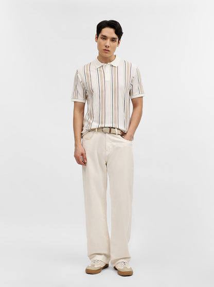 Khaki & White Striped Slim Fit Polo T-Shirt | Greenfibre