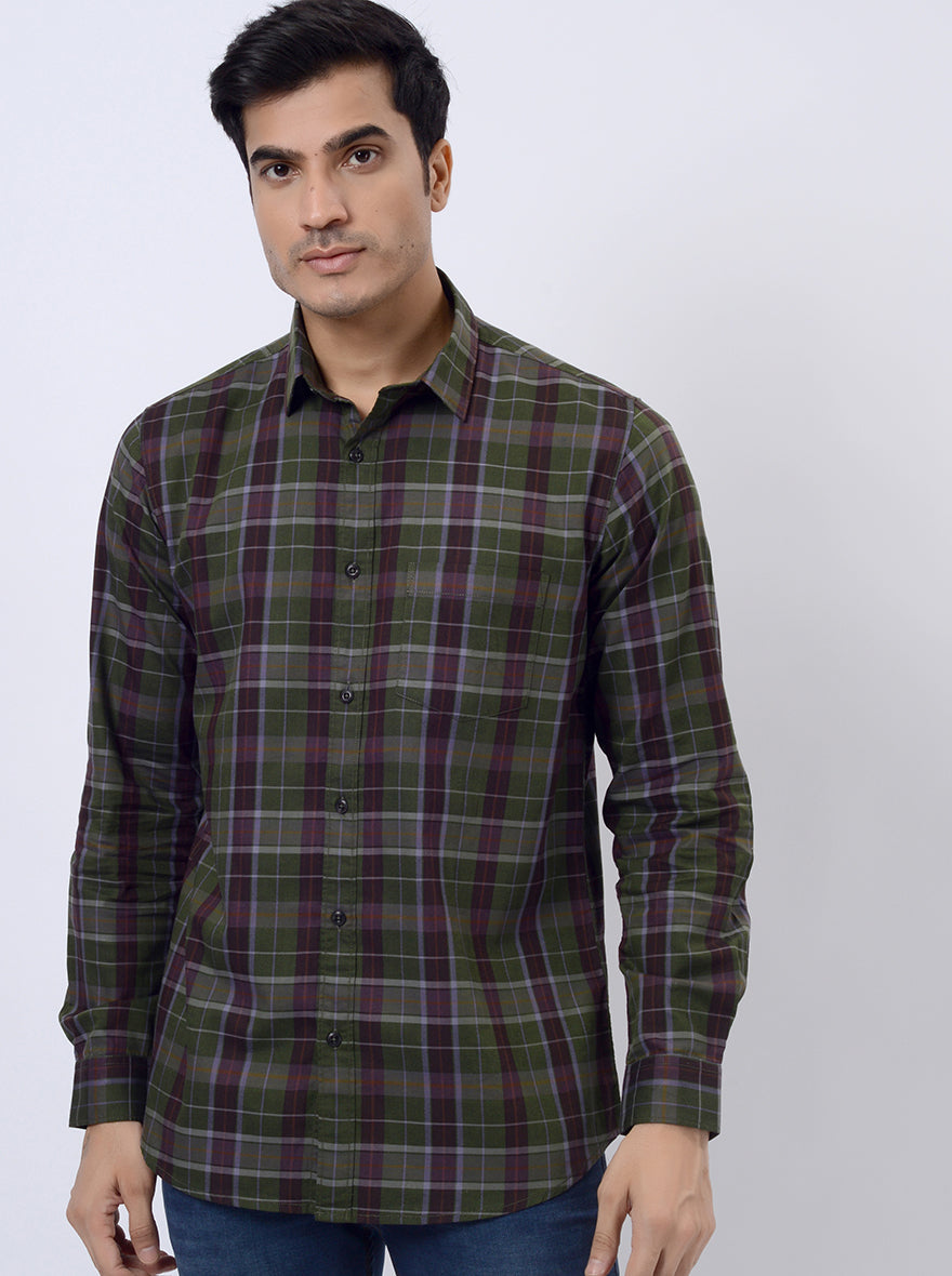 Green Checked Slim Fit Casual Shirt | JadeBlue