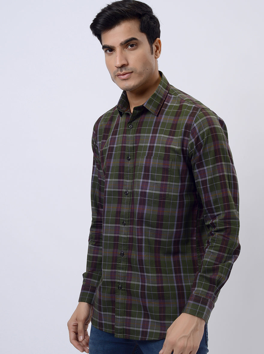 Green Checked Slim Fit Casual Shirt | JadeBlue