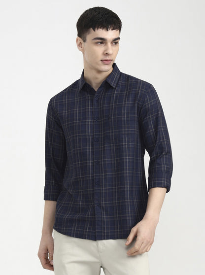 Navy Blue Checked Slim Fit Casual Shirt | Greenfibre