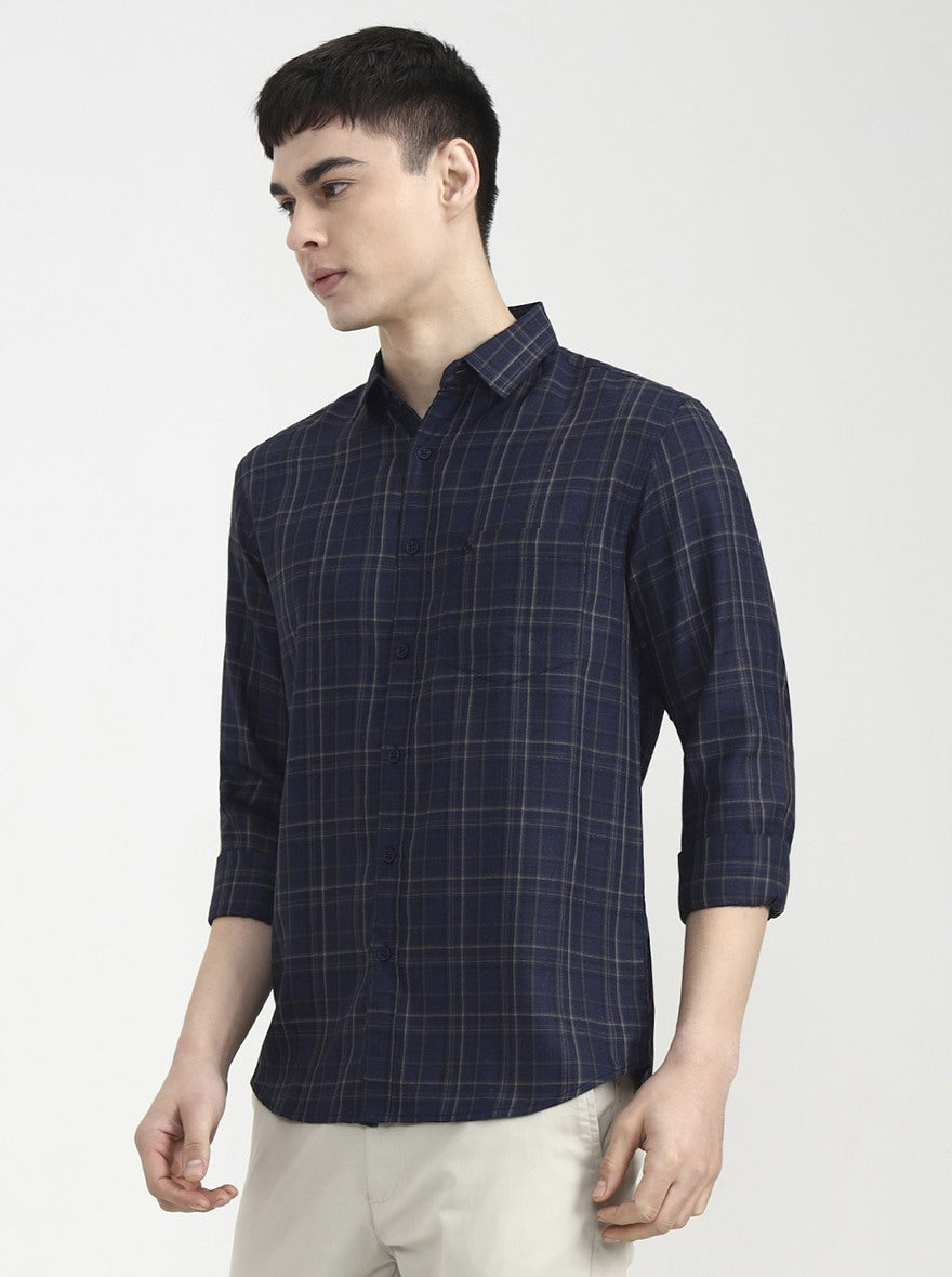 Navy Blue Checked Slim Fit Casual Shirt | Greenfibre
