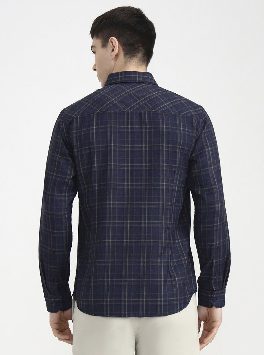 Navy Blue Checked Slim Fit Casual Shirt | Greenfibre