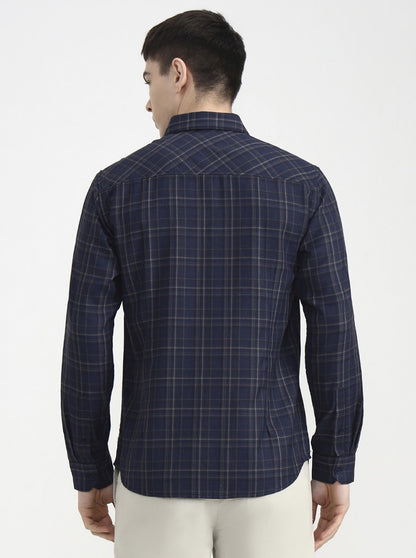 Navy Blue Checked Slim Fit Casual Shirt | Greenfibre