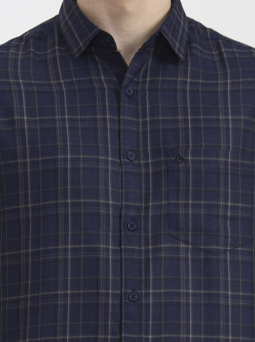 Navy Blue Checked Slim Fit Casual Shirt | Greenfibre