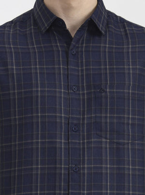 Navy Blue Checked Slim Fit Casual Shirt | Greenfibre