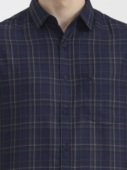 Navy Blue Checked Slim Fit Casual Shirt | Greenfibre