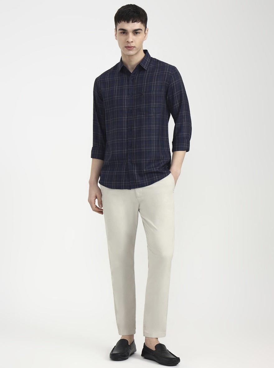 Navy Blue Checked Slim Fit Casual Shirt | Greenfibre