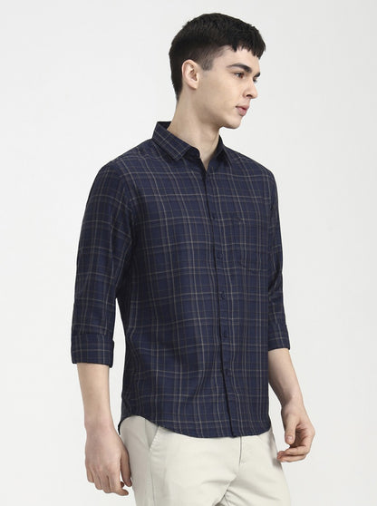 Navy Blue Checked Slim Fit Casual Shirt | Greenfibre