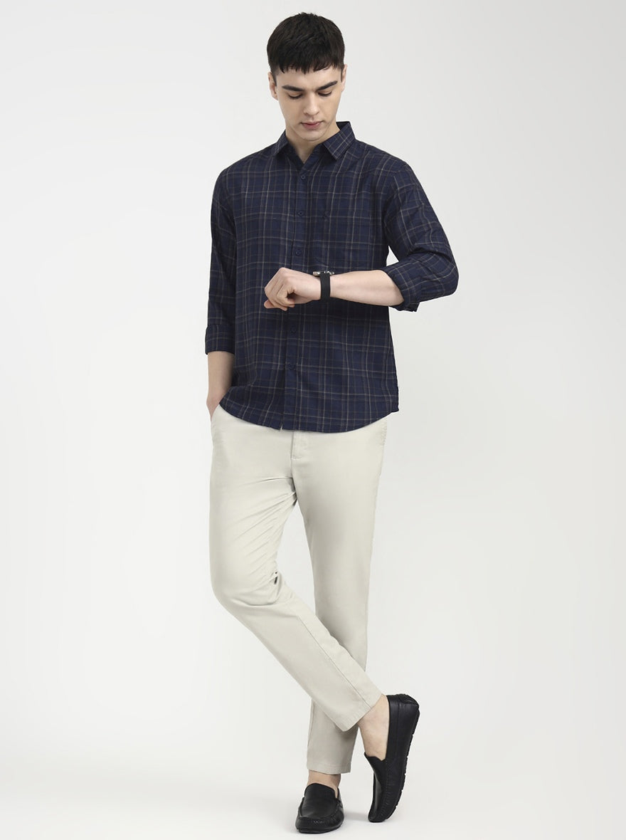 Navy Blue Checked Slim Fit Casual Shirt | Greenfibre