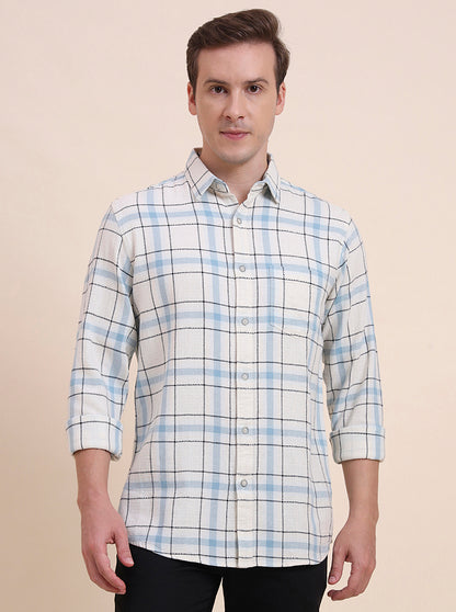 Navy Blue Checked Slim Fit Casual Shirt | JadeBlue