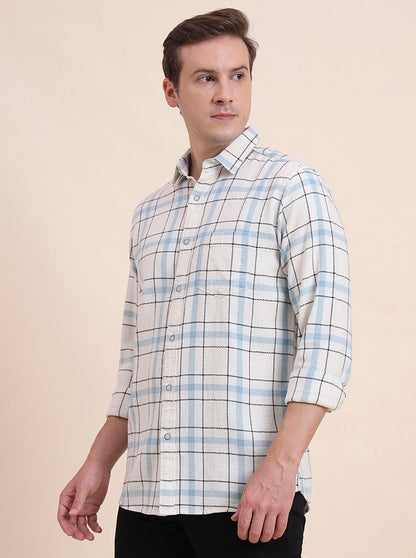 Navy Blue Checked Slim Fit Casual Shirt | JadeBlue