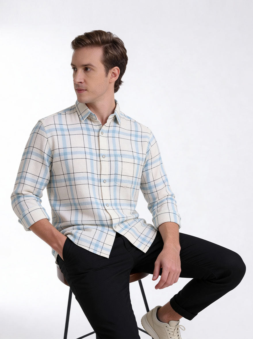 Navy Blue Checked Slim Fit Casual Shirt | JadeBlue