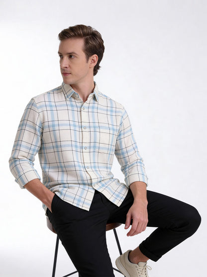 Navy Blue Checked Slim Fit Casual Shirt | JadeBlue