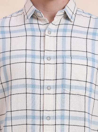 Navy Blue Checked Slim Fit Casual Shirt | JadeBlue