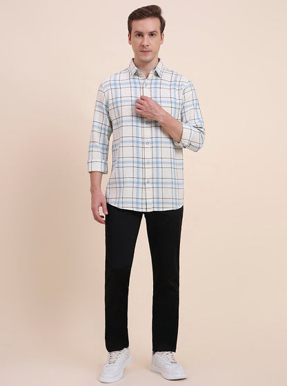 Navy Blue Checked Slim Fit Casual Shirt | JadeBlue