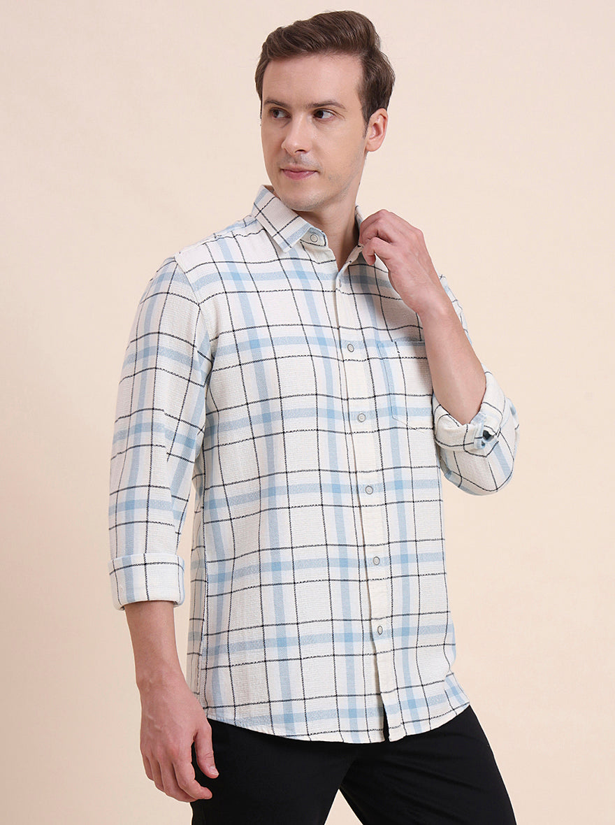 Navy Blue Checked Slim Fit Casual Shirt | JadeBlue