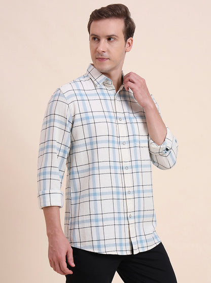 Navy Blue Checked Slim Fit Casual Shirt | JadeBlue